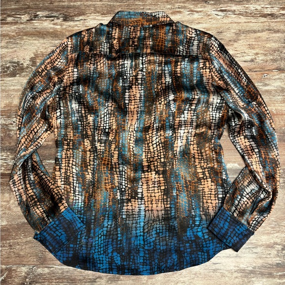 Etcetera | EUC Silk Button Down Shirt Blue Brown Pattern, Size 10 - Picture 2 of 6